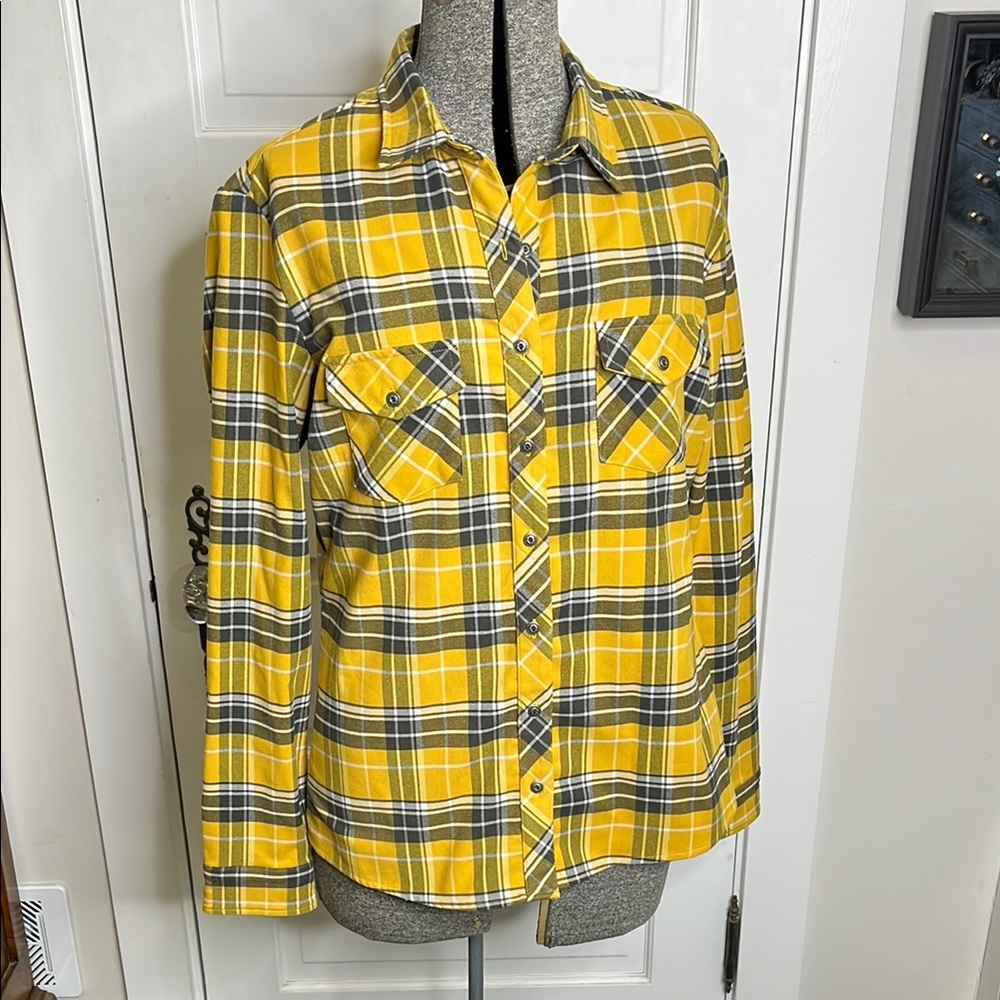 Kuhl Yellow and Gray Plaid Button-Up Shirt Large